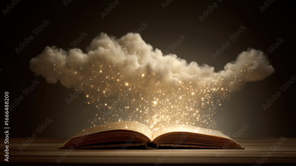 Poster open book emits magical cloud of sparkling light, creating enchanting atmosphere. scene evokes sense
