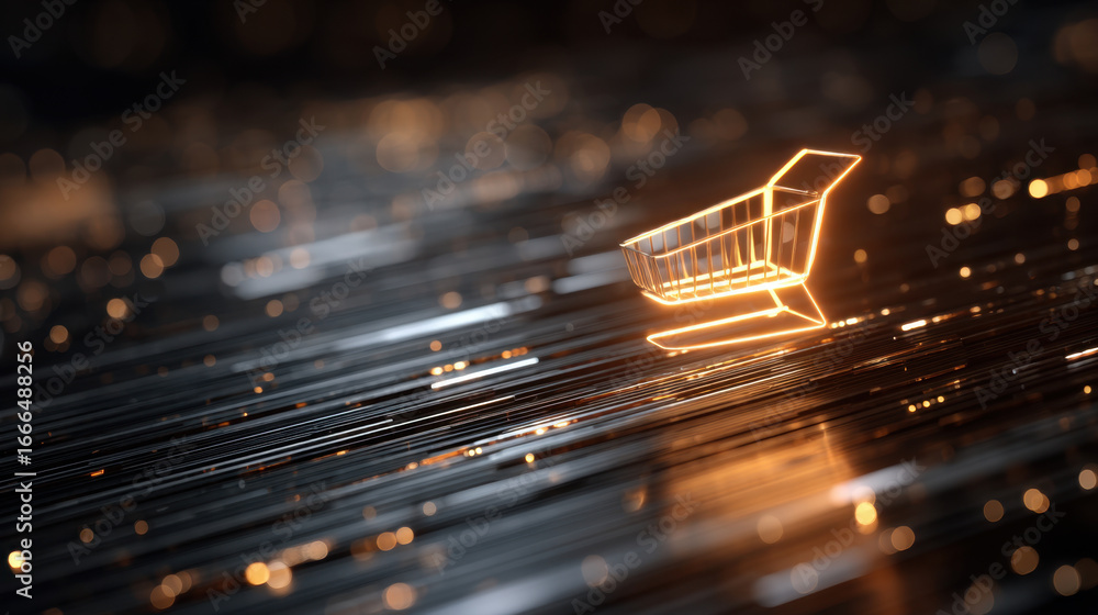 Poster glowing shopping cart icon stands out against backdrop of shimmering metallic lines, creating modern