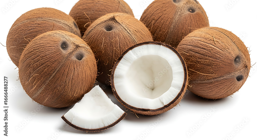 Poster a group of coconuts with one cut in half and a slice on a white surface close up studio shot ai gene
