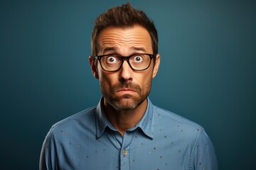 Obraz premium A man in a casual blue shirt with glasses looks confused and surprised. His expression indicates he is experiencing a moment of bewilderment. The backdrop is a solid blue hue