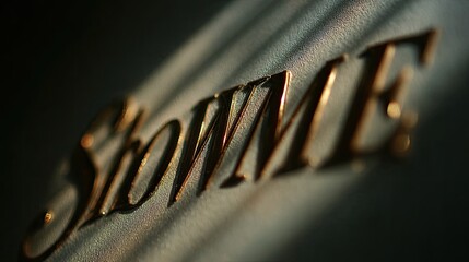 Close-up of golden letters "ShowMe" on a textured surface, with dramatic shadows and light