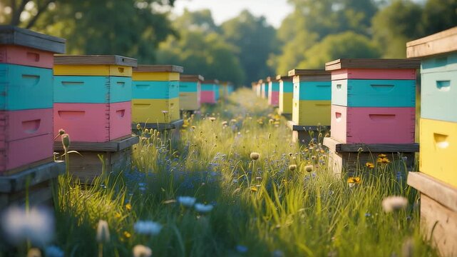 Colorful wooden beehives arranged in grassy meadow with wildflowers in summer sunlight showing natural apiculture and rural environment