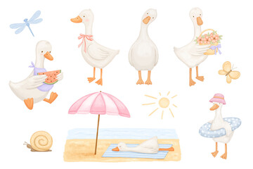 Watercolor funny cute goose ready to swim in sea. Hand drawn illustration isolated on white background for childish book and card. Set of cute goose with watermelon, swim ring and flowers