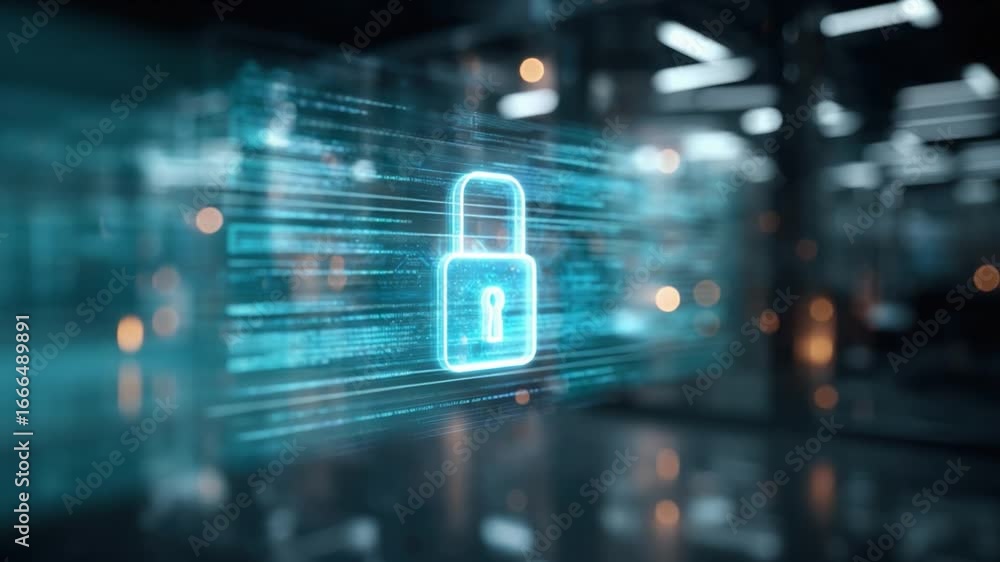 Aufkleber cybersecurity lock: an illuminated digital padlock floats in front of a blurred environment, evoking