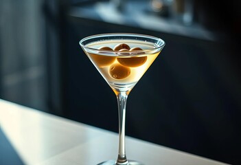 A classic martini, garnished with olives, dramatically lit;  deep shadows and highlights,  art,  luxury