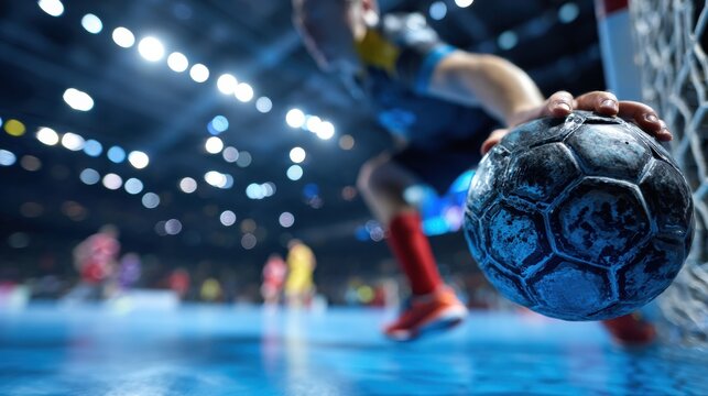 Goalkeeper Preparing to Block a Shot During an Indoor Handball Match in a Modern Arena With Bright Lights and an Energetic Atmosphere