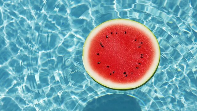 Summer watermelon slice floating clear blue pool with refreshing blue water, vibrant seasonal scene, and sunlight reflecting, perfect for relaxation