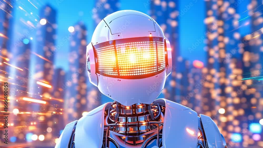 Poster white humanoid robot with digital display face stands in foreground of blurred cityscape with glowin
