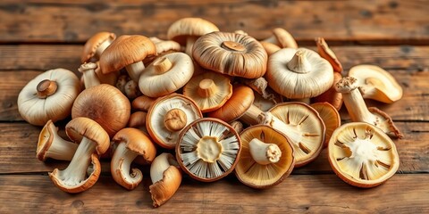 A cluster of various mushrooms, some sliced, on a rustic wooden surface,   ceps,   dark