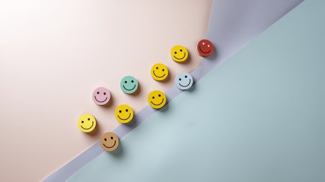 Topdown closeup of colorful paper smiley faces on pastel surface illustrating positivity and emotional wellbeing with copy space