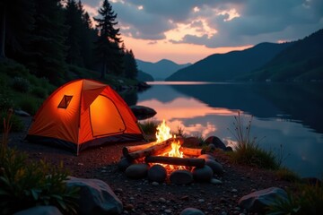 Lakeside camping setup, evening campfire glow, night, serene
