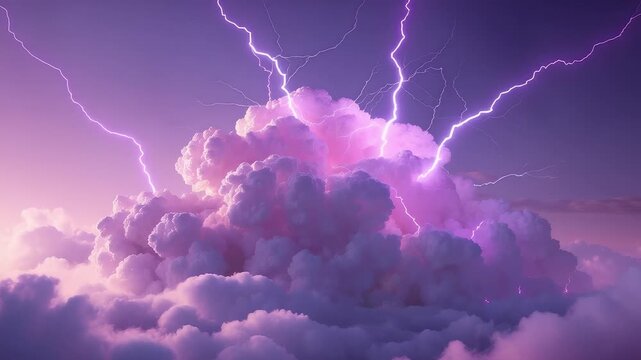 Dramatic purple thundercloud with glowing lightning bolts illuminating sky creating powerful natural storm scene above billowing clouds
