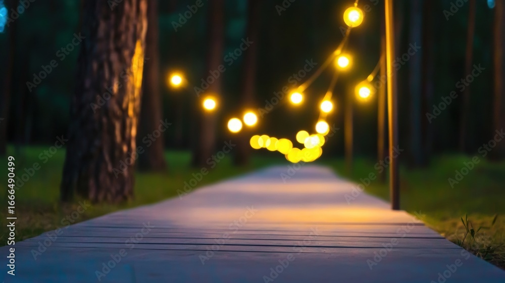 Poster pathway illuminated by string lights in a tranquil evening setting