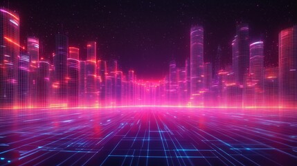 Fototapeta premium A futuristic cityscape with neon wireframe buildings and a grid landscape
