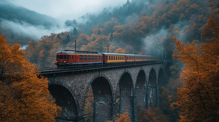 Fototapeta premium Vintage train traveling on stone arch railway bridge in autumn mountain forest, with fog, golden leaves, scenic landscape for travel promotion, transport design