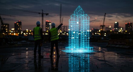 Construction workers oversee the holographic projection of a building design at a construction site during the evening.