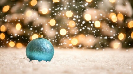 Holiday decoration with a blue ornament on snowy ground and soft lights