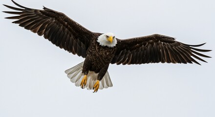 Fototapeta premium Majestic Bald Eagle in Flight Against a Pale Sky