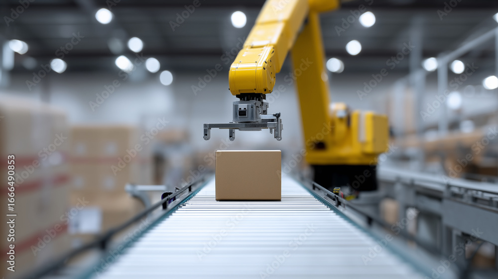 Poster automated packaging robot sorting cardboard box on conveyor in warehouse, efficient industrial logis