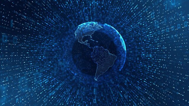 Rotating holographic globe space, surrounded by streams of binary code. This visual highlights concept of global digital data, futuristic network, technological evolution, power of global connectivity - Powered by Adobe