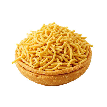 Photo of a bowl of crunchy and savory indian snack, known as sev, isolated on transparent background