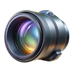 Close up of a camera lens with colorful reflections isolated on transparent background