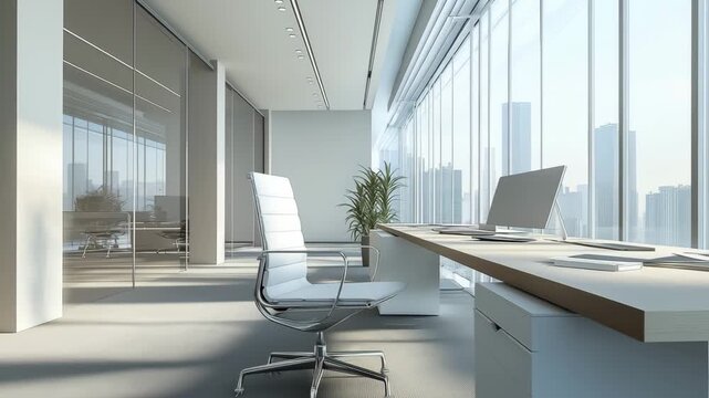 Bright office features large windows overlooking a city skyline, equipped with a desk, ergonomic chair, and greenery