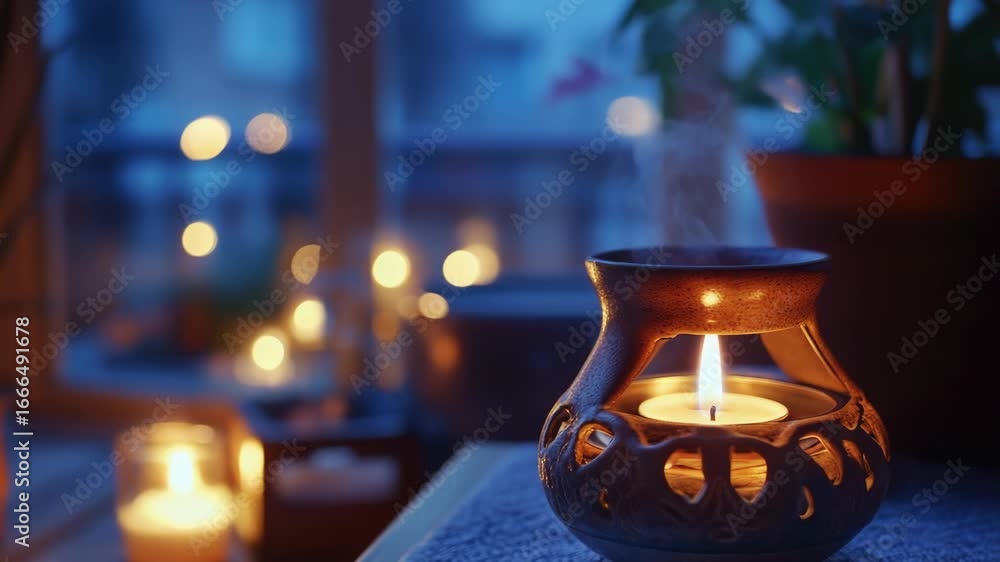 Poster candles in a stone container creating a warm and cozy atmosphere for relaxation.
