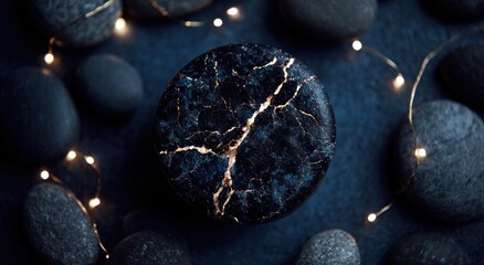 Dark, cracked stone disc surrounded by pebbles and string lights