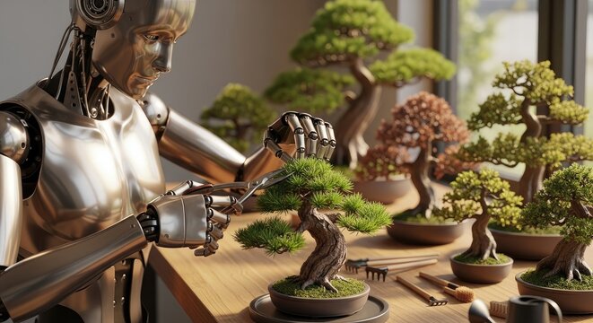 Robot gardener pruning bonsai trees with advanced technology