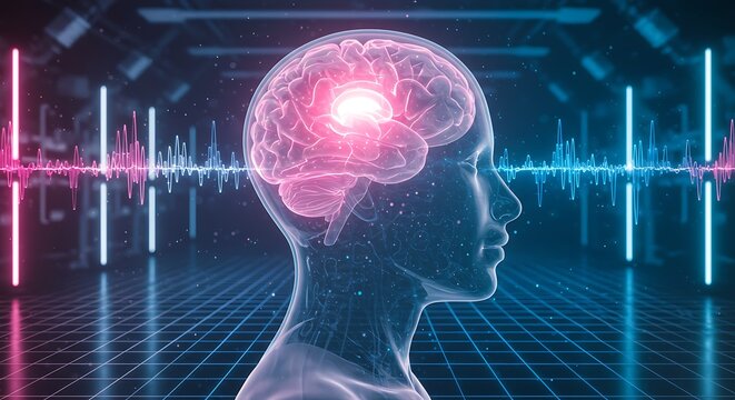Visualization of Human Brain with Neural Activity and Glowing EEG Waveforms in Virtual Digital Space with Holographic Screen