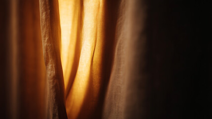Soft warm light illuminating vintage curtain, creating cozy and tranquil atmosphere with gentle shadows and textured fabric