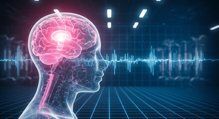 Digital Human Head Profile with Transparent Skull Showing Glowing Brain and Animated Brain Waves on Blue Grid Background
