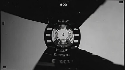 Close-up black and white image of a film reel, showing a central circular pattern