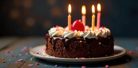 Frosted chocolate cake, lit candles, sprinkles, celebration, frosted, deliciousness