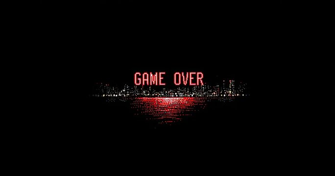 Pixelated "Game Over" text overlaying a cityscape reflected in a red waterline on a black background