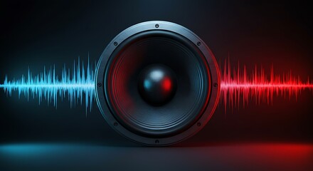 Large Metallic Audio Speaker with Colorful Sound Waves on Dark Gradient Background in Studio Setup
