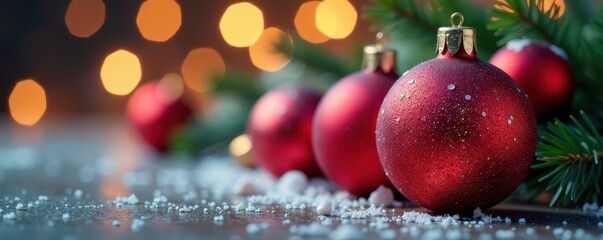 Glistening glass Christmas balls with reflections, softly out of focus background , holiday season, photography