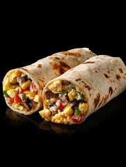 Two wraps are filled with scrambled eggs and a colorful mix of fresh vegetables. Soft lighting emphasizes the textures and vivid hues of the ingredients