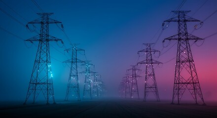 Row of Electricity Pylons with Neon Glowing Cables Against Gradient Sky in Digital Energy Concept