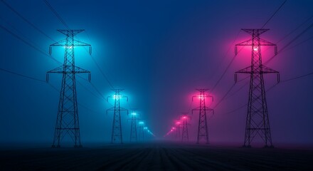 Row of Electricity Pylons with Neon Glowing Cables Against Gradient Sky in Digital Energy Concept
