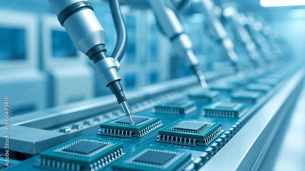 Poster automated production line showcasing sophisticated robotic soldering process on intricate circuit bo