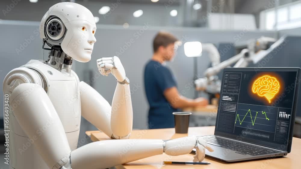Poster humanoid robot analyzing neural network visualization on laptop screen, with technical worker managi