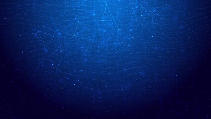 Particle waves connected through glowing plexus structure, simulating flow of data. Use of futuristic grid system displays advanced communication motion across digital networks in abstract space. - Powered by Adobe