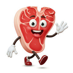 A cheerful cartoon T-bone steak character with arms and legs, waving hello.