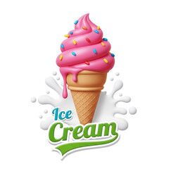A vibrant pink soft-serve ice cream cone with colorful sprinkles, set against a milk splash and a logo.