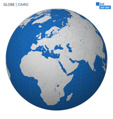 Vector Globe centered to Cairo. Blue Light Gray palette. World map with meridians, parallels, countries, rivers and lakes. Vibrant vector illustration.