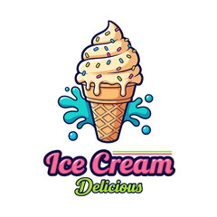 A vibrant cartoon logo featuring a delicious soft-serve ice cream cone with colorful sprinkles and a blue splash.