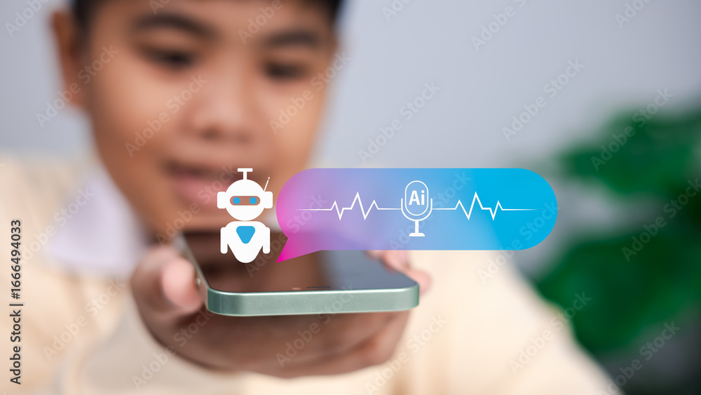 Poster young person using smartphone with ai assistant chatbot and voice wave icon representing artificial 