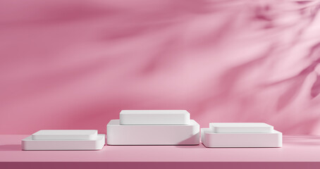 Product display with clean white podiums or pedestals of varying heights, set against a soft pink background with a subtle leaf shadow. Mockup for cosmetics, skincare, jewelry, any luxury product.